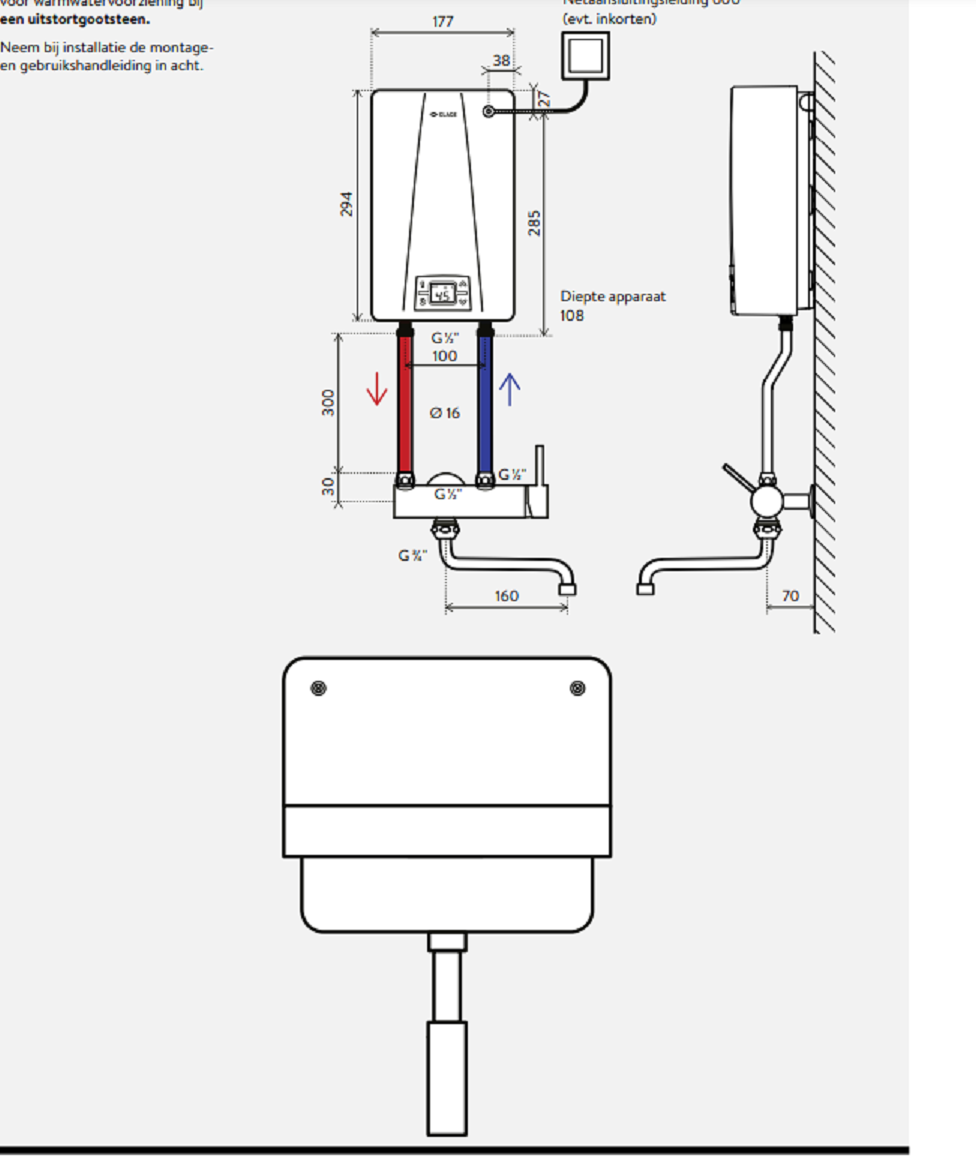 Clage CEX, doorstromer instelbaar (11 kW of 13.5 kW), bovenbouw, onderaansluiting - Afbeelding 3